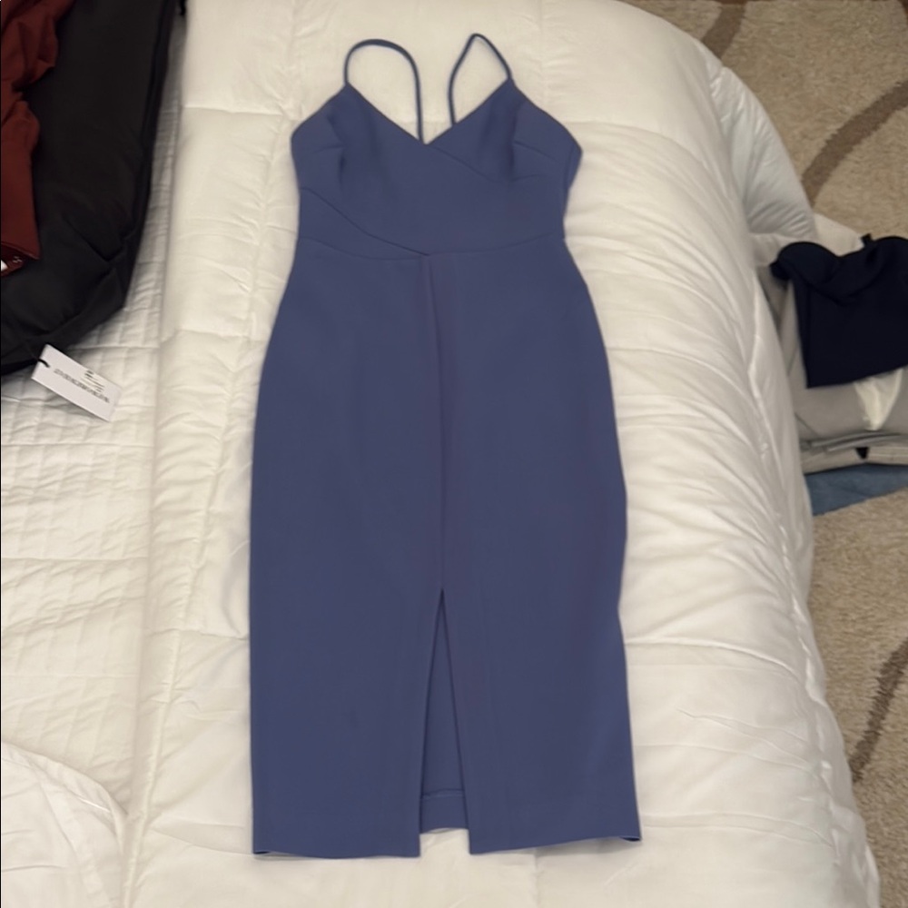 Likely Blue Sheath Midi Dress Cocktail Spaghetti Strap